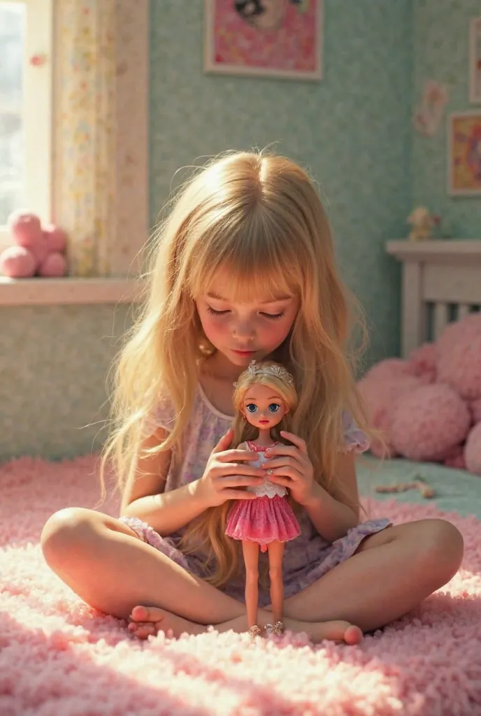 Blonde  sitting on her bed holding her Barbie doll