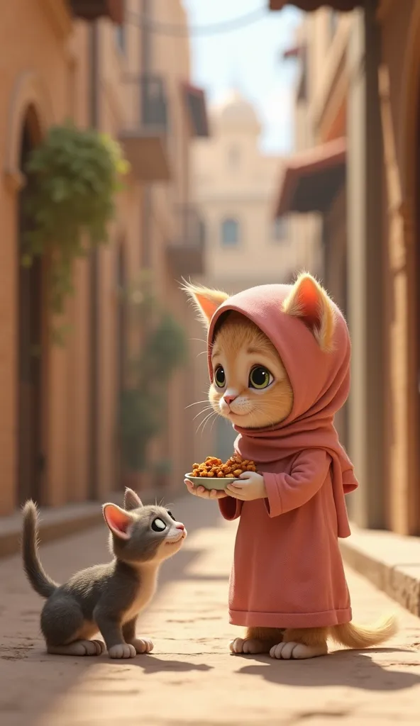 A cute anthro kitten wearing a hijab and modest clothing, Anthro kitten (same hijab and clothing) crouching to offer food to a hungry stray cat. The stray cat has a thin, tired appearance with pleading eyes. Background: a simple alleyway with faint Islamic...