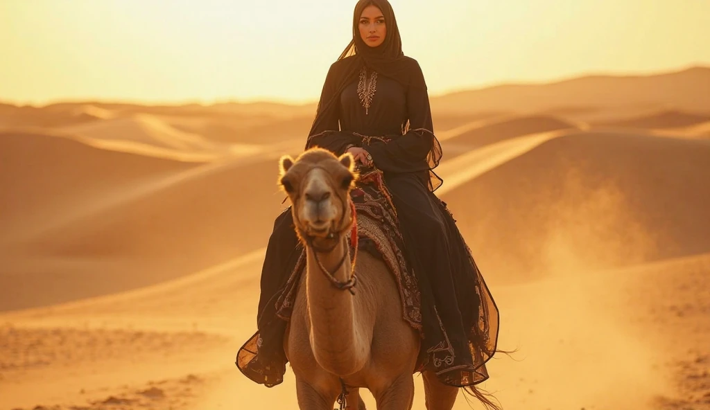 **Prompt:**  
*"A cinematic front-facing shot of a stunning Arabic woman riding a camel across the golden desert. She wears a flowing black and gold abaya, with a delicate veil that lifts slightly in the warm breeze, revealing her mesmerizing kohl-lined ey...