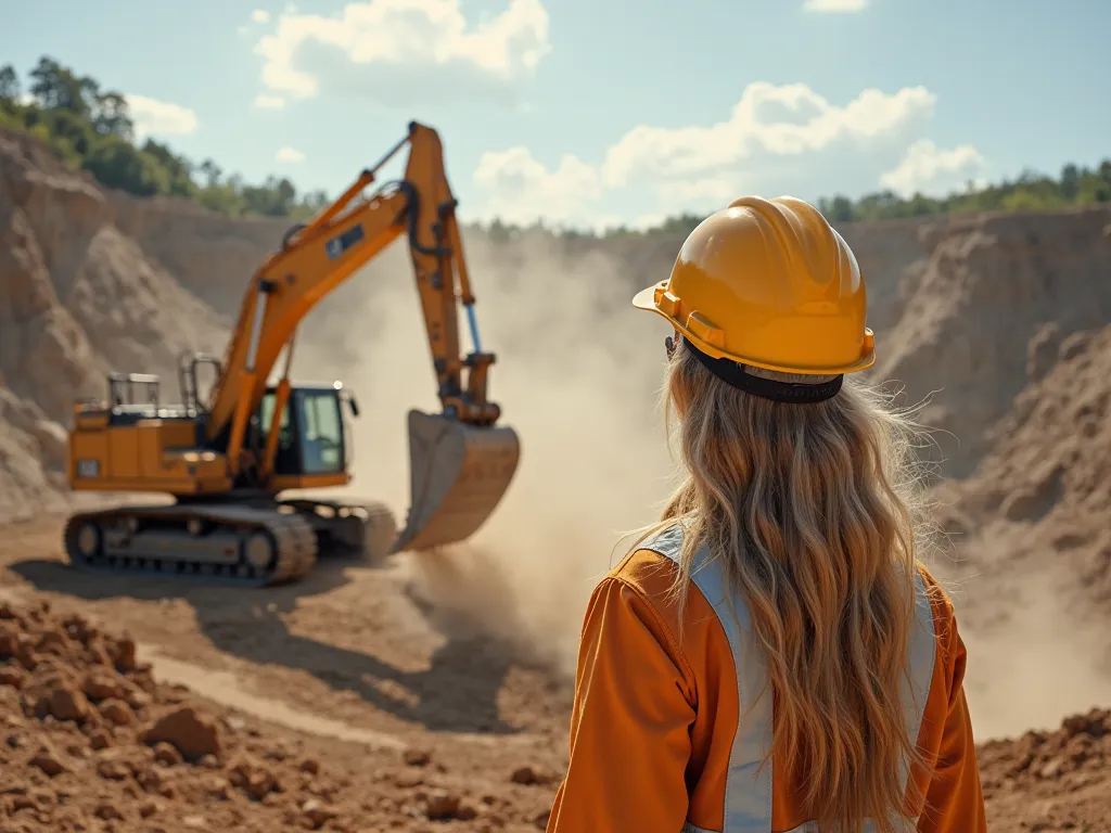  An image of an open-pit mine, a bucket and an excavator raising dust while working, clear background image with an impressive striking design, safety equipment and in the background White and blonde Brazilian women wearing helmets to reinforce the mining ...