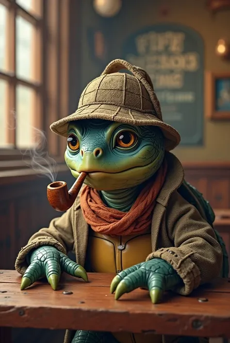 A toy sea turtle dressed as Sherlock Holmes at a London pub　I'm smoking pipe tobacco、