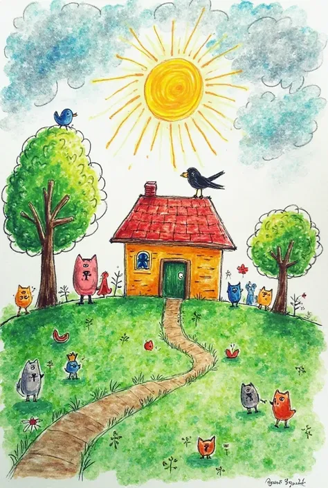 I want drawings like ren's drawings, random and playful, of a green nature, a house, birds, and cats, using colored pencils, crayons, and a regular pencil. It should be innocent ren's art, with the sun and everything looking random. 