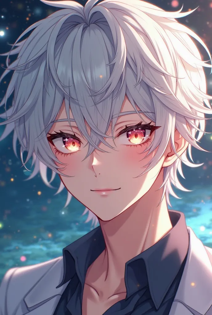 The anime character is a handsome young man with white hair, beautiful eyes, two billion colors and a nice smile 