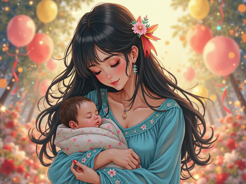 Photo of a woman with long black eyes and hair wearing a striking blue dress and holding a sleeping baby wrapped in a blanket in her arms. Anime drawing with a party background