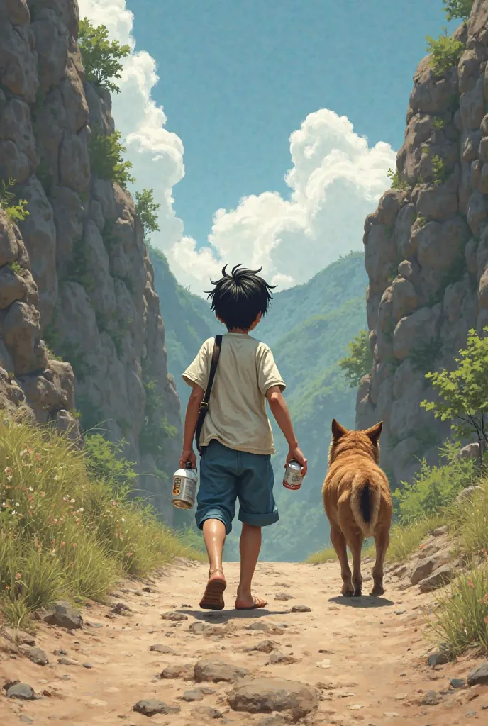 An  black-haired boy wearing shorts made of blue sackcloth and white shirt carrying a can of milk walking on a dirt road with two high ravines on the side, A crazy dog growling at the boy