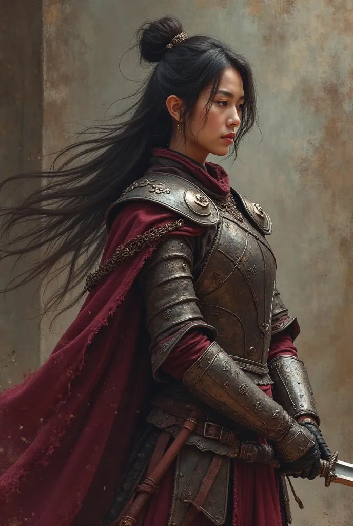 Create a man warrior create a man warrior create a woman warrior, Let the man look like a European, let the woman look like an Asian, hold a sword in her hands, Let the clothes be armored and the color is burgundy, let the man have medium-short hair and ea...