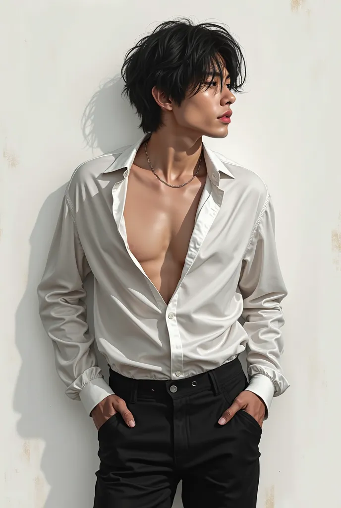 arafed image of a Man in a white shirt and black pants, fully clothed. painting of sexy, open v chest clothes, ultra realistic picture, artwork in the style of guweiz, hair floating covering chest, jacket over bare torso, hyper realistic details, by Yanjun...