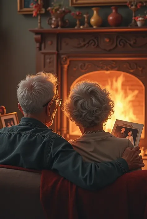 A couple of grandparents sitting with their backs, looking in front of the fireplace together photos from their wedding 