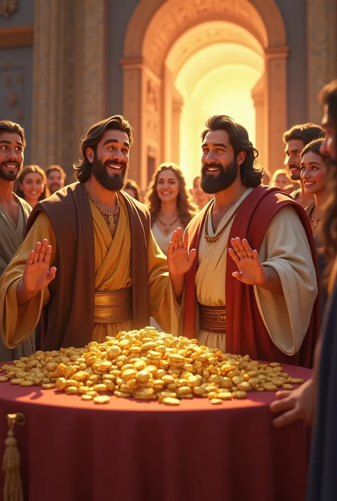 The Reward of the Faithful — The first two servants, cheerful, Show the money multiplied. The boss places his hands on your shoulders, smiling and pointing to a beautiful banquet at his house.masterpiece, STYLE 3d animation, Disney Pixar Waiting to begin 