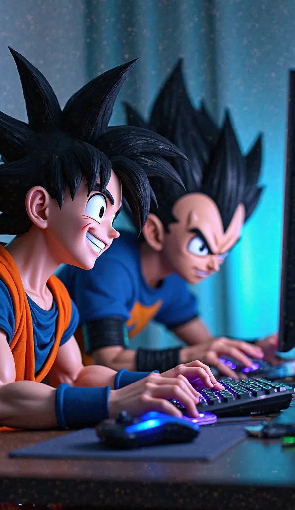 Create a realistic high definition image of Goku together with Vegeta playing on the gamer computer, Goku smiling and Vegeta angry

