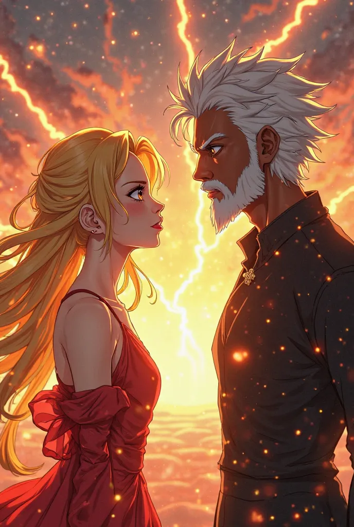 Create a fire goddess blonde hair brown eyes fire red clothing half underworld background with a lightning god black man without beard shiny eyes white draed hair with black clothes half the background skies looking at each other anime