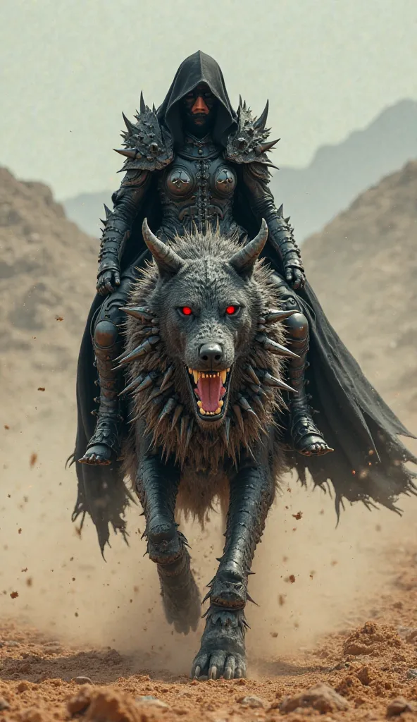 "A powerful dark warrior queen in spiked black armor, wearing a hooded cape, riding a massive demonic wolf with glowing red eyes. The beast is covered in heavy metallic armor with spikes and skull-like details, exuding a terrifying presence. The background...