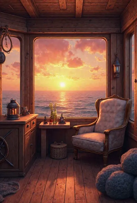 A room in boat between ocean.with sunset