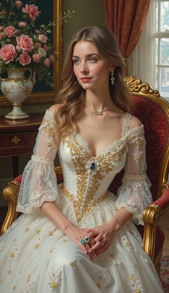 :

"Realistic 19th century oil painting depicts a strong and elegant woman, 48 years old, dressed in a dazzling white dress of the time, richly detailed with fine lace and gold embroidery. Your gaze transmits wisdom and serenity, while her posture suggests...