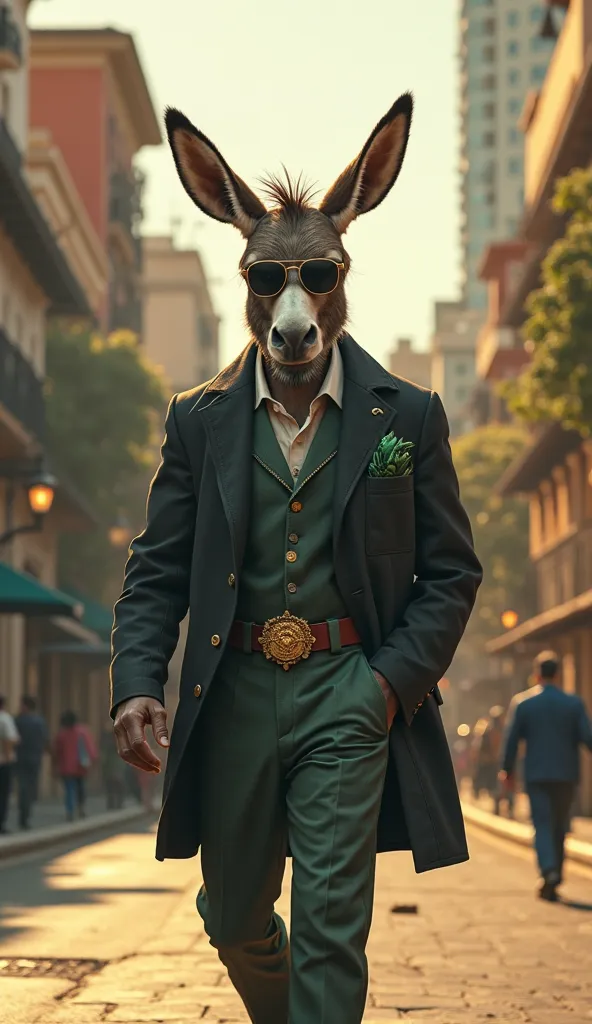 Ultra-realistic digital artwork of an anthropomorphic donkey standing on a vibrant Brazilian city street, resembling São Paulo or Rio de Janeiro. The donkey appears weak, with a frail, slightly hunched posture, drooping ears, and tired eyes full of hardshi...