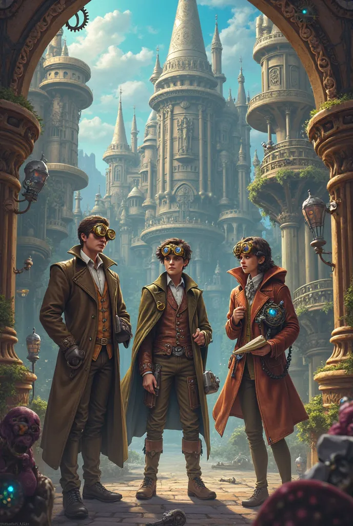 steam punk style. fantasy. 3 characters, , Academy, Strange worlds