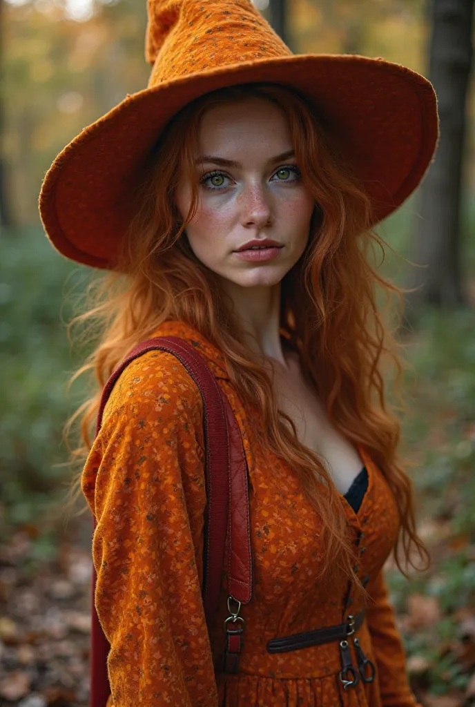 An orange-colored witch with a carrot nose like Pinocchio's,, She has the face of a liar,  I'm 50 years old , And it's sexy . It's orange. has green eyes, She's a redhead and has a little red bag. It is a photograph , full length 