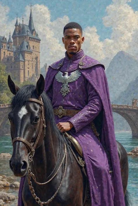 Paint an epic oil painting Of serene moment, on the banks Of River Mander, with handsomne Young Lorde Michael B. Jordan as a Lord of Westeros, House Mallister of Guardamar Of Game Of Thrones, His robes are purple with the crest of a silver eagle, he has a ...