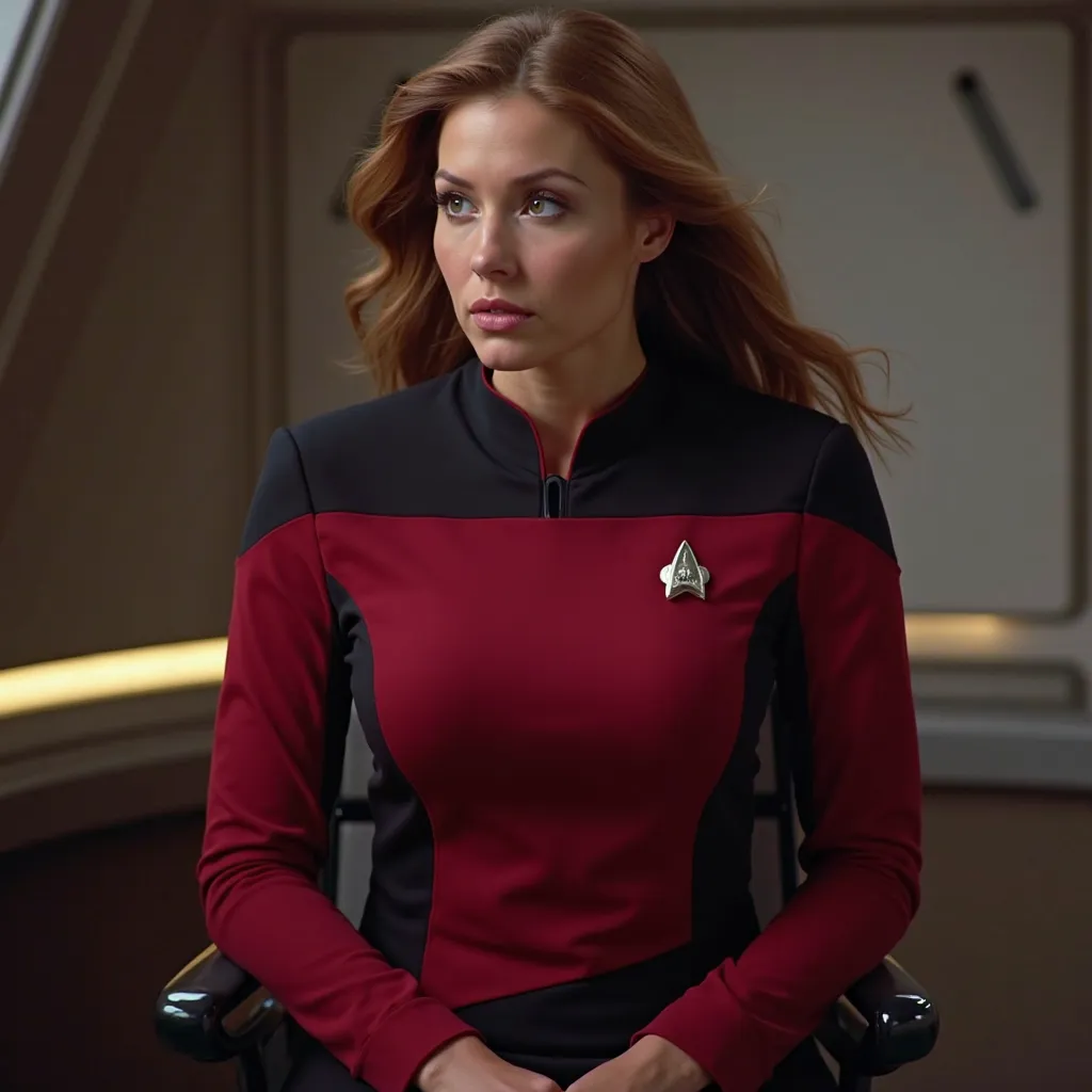 full-length photorealistic image of a female Starfleet captain, in her 30s , red Starfleet official Star Trek uniform: Next Generation with the Starfleet TNG logo,  slim, fit,  Muscular,  beautiful. long flowing hair, shawl neckline, on the Starship Enterp...