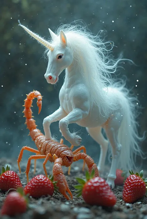 Unicorn ghost with a scorpion eating strawberries 