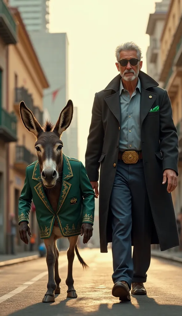 Ultra-realistic digital artwork of an anthropomorphic donkey standing behind an older, well-dressed man on a vibrant Brazilian city street, resembling São Paulo or Rio de Janeiro. The donkey appears weak, with a frail, slightly hunched posture, drooping ea...