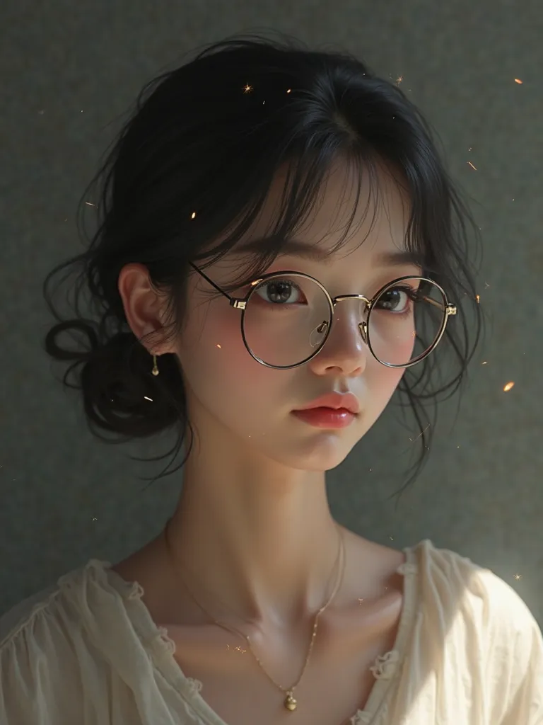 Tender girl with glasses, black eyes
