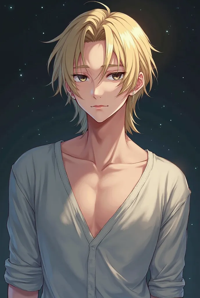 blonde anime man, medium hair, pastel colors, elegant, dark background, v-neck, longsleeve