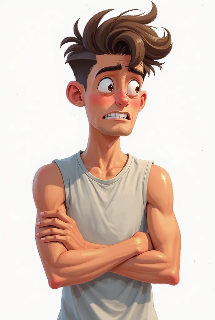 "2D drawing of a young ager between 16 and 18 years old, with a medium stocky physique. He wears a sleeveless shirt that highlights his arms. His face shows a clear expression of disgust: cejas fruncidas, slightly crooked mouth and wrinkled nose. His eyes ...