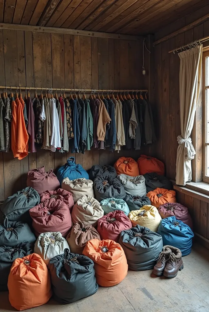 there are many bags of clothing and bags of clothing on the floor, a picture by Harold von Schmidt, instagram, hurufiyya, western clothing, full clothing, old clothing, clothes fully on, vests, garments, sports clothing, very coherent image, working clothe...