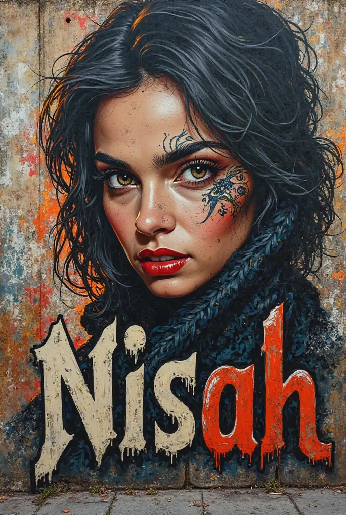 Write the words NISAH in graffiti. Add a women with a tattoo above her eye brow 