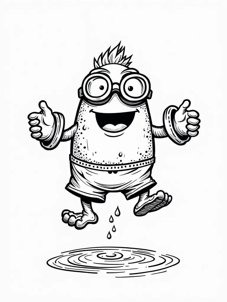 A black-and-white vector graphic with thick black lines, designed for a coloring book. A monster is standing in swim trunks, wearing goggles and arm floaties, ready to jump into the water.