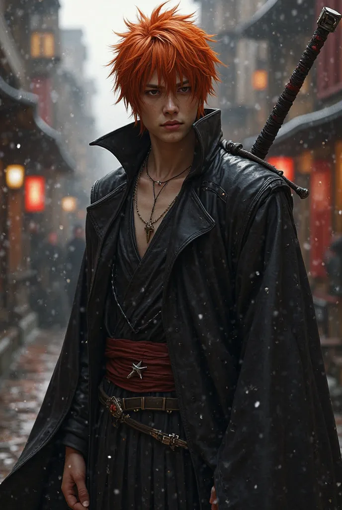 I would like you to create an image with the following characteristics:

         • Name of the character : [Ichigo Kurosaki]

        • Description of the clothes: [Shinigami Standard Clothing]

        • Imagined Object: [Zangetsu sword, A Zanpakutou]

 ...