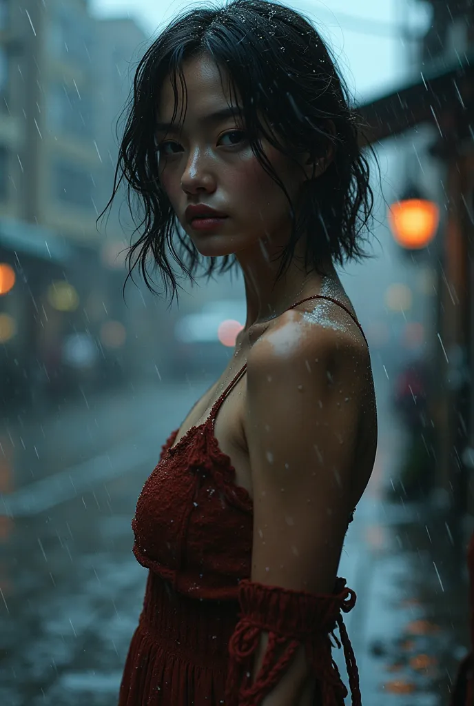 ((RAW photo, highest quality, masterpiece:1.3)), focus:1.2, perfect body beauty:1.4, buttocks:1.2, ((layered haircut, chest:1.2)), (wet clothes:1.1), (rain, city:1.3), bandeau dress:1.1, highly detailed face and skin texture, detailed eyes, double eyelids,...