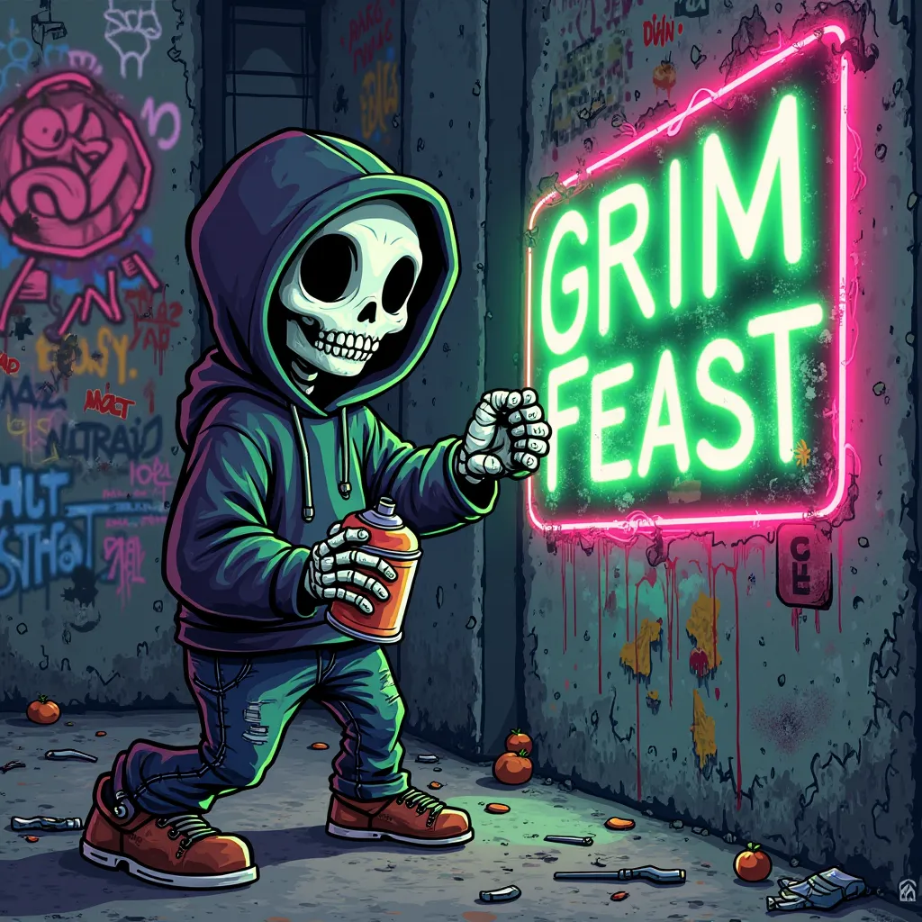 create a logo of cartoon illustration skeleton with dark hoodie with spray can and write 'GRIM FEAST' with neon green and pink color on the sign at street wall background