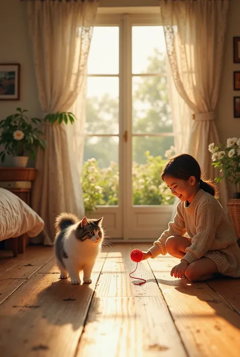 "A serene morning scene in a sunlit countryside cottage. A healthy adult white-and-gray cat, now strong and fluffy, playfully chases a red yarn ball across a wooden floor. Sunlight streams through lace curtains, casting delicate shadows and illuminating du...