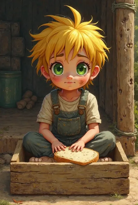 A  sitting in a wooden box with yellow hair and green eyes with a dirty face because of work eats bread