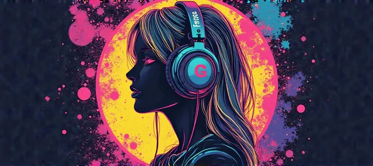 This T-shirt design features a modern, urban streetwear aesthetic with a mix of bold typography, abstract geometric shapes, and a dynamic neon color palette. The central figure is a silhouette of a blond smile GIRL wearing headphones, surrounded by a futur...