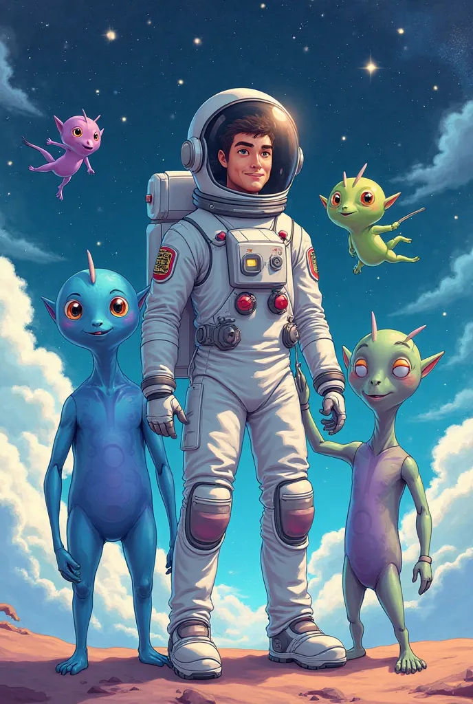 An astronaut and 5 cute aliens behind him anime style 