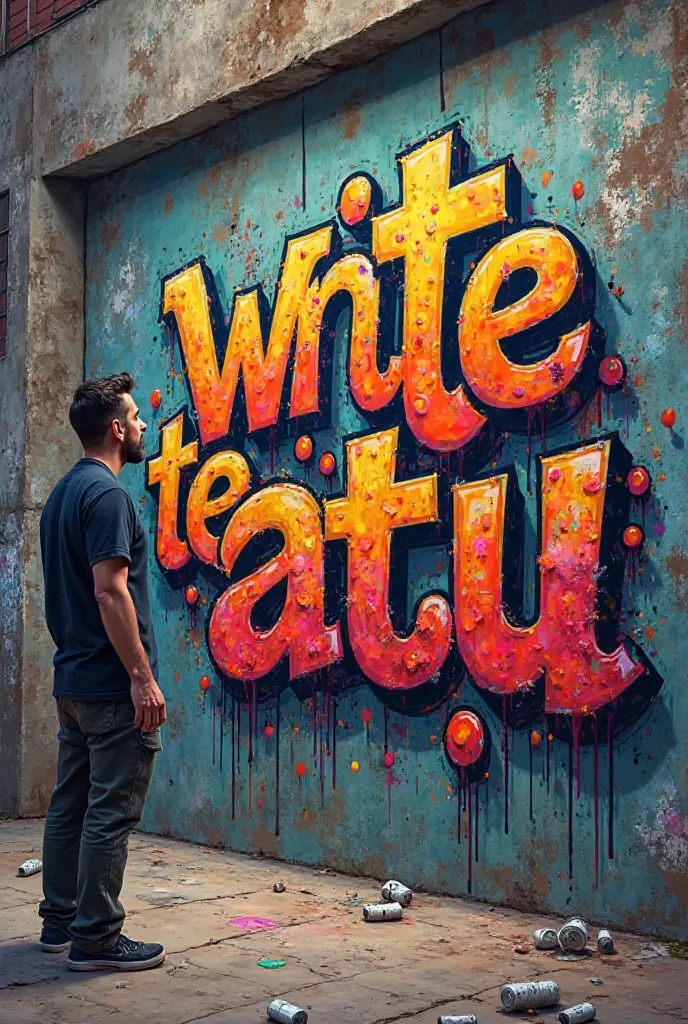 Write TE ATU in graffiti with a man standing paying 