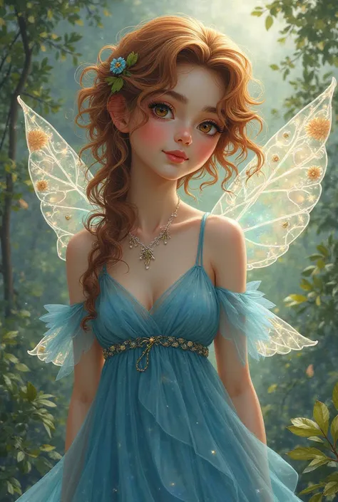 Create an OC from the series O Mundo de Mia curly hair blue dress fairy wings dark brown eyes