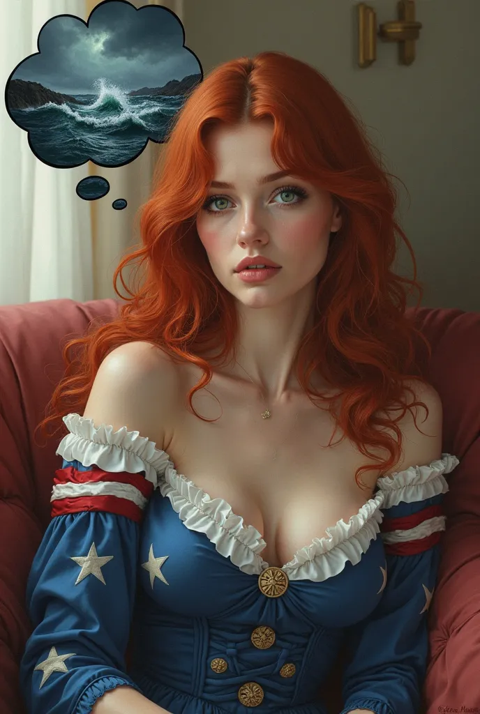 Une femme rousse aux yeux verts en réaliste habillé en bleu blanc rouge assise sur le canapé avec une bulle de penser ou il y a de l'orage 