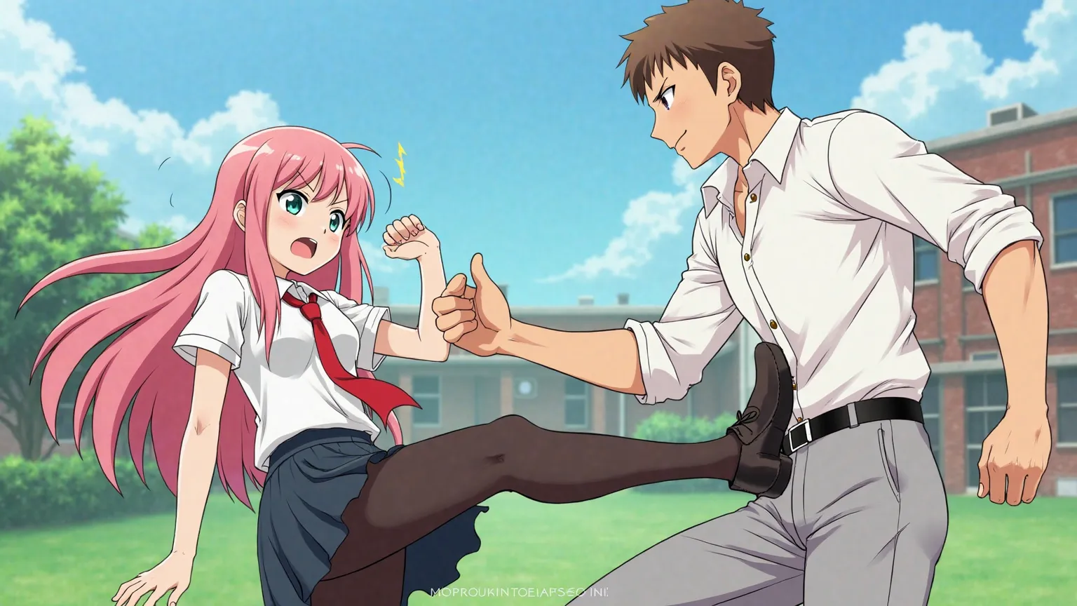 anime style, dynamic scene against the backdrop of a schoolyard with green grass, blue sky and a red-brick building. A young girl with long pink hair, wearing a classic Japanese school uniform: short-sleeved white tight shirt,  Red tie , black short skirt,...