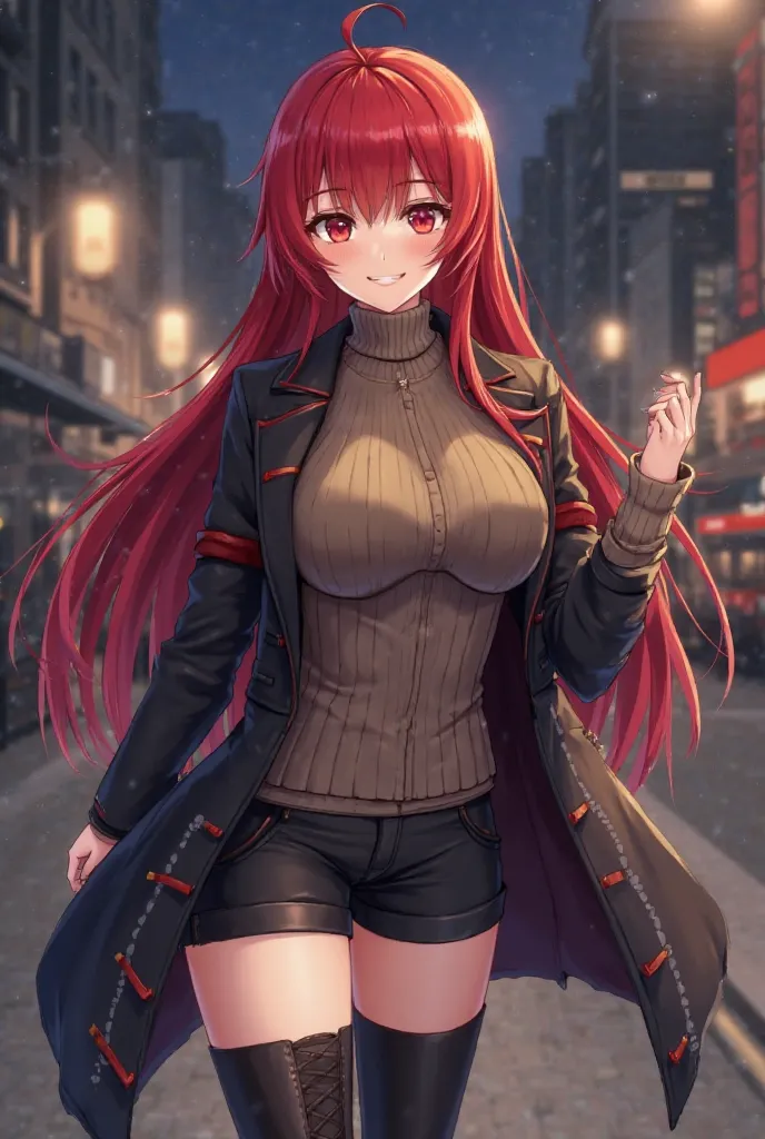 red hair, short sleeve sweater to reveal the navel, black coat with red details, Thick legs with black shorts and black high boots, friendly appearance, city night, anime, extremely tight clothing, giant breasts 