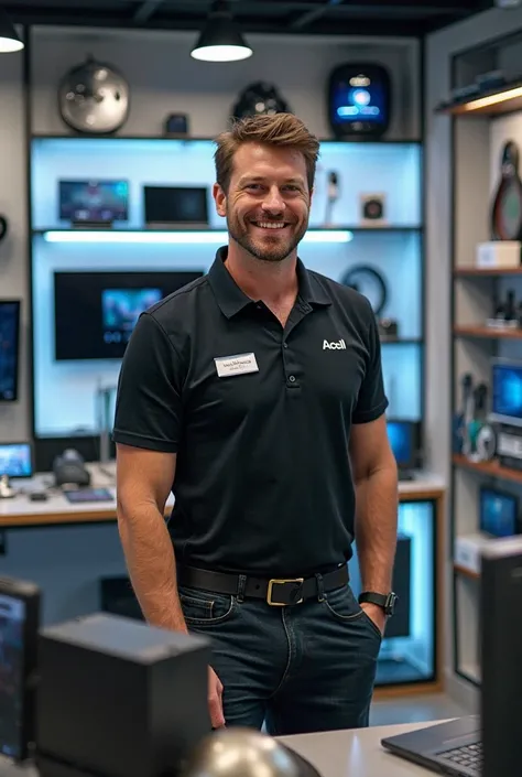  man dressed in black polo, The fund must be an electronic equipment store