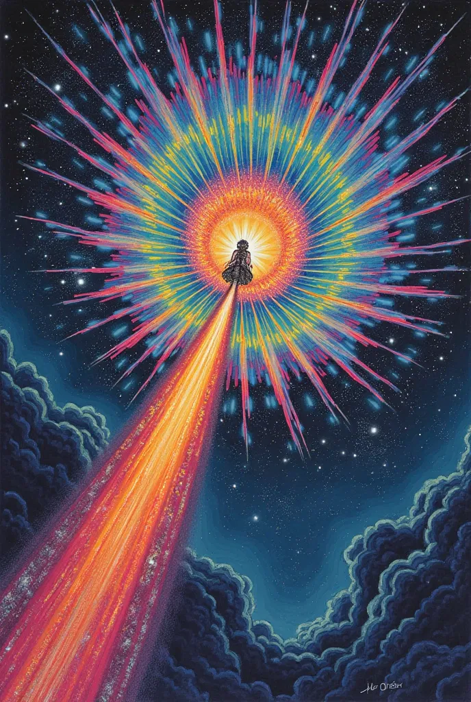 Psychedelic drawing of hundreds of rainbow rays coming out of the eyes of a  who is riding a comet in outer space traveling 