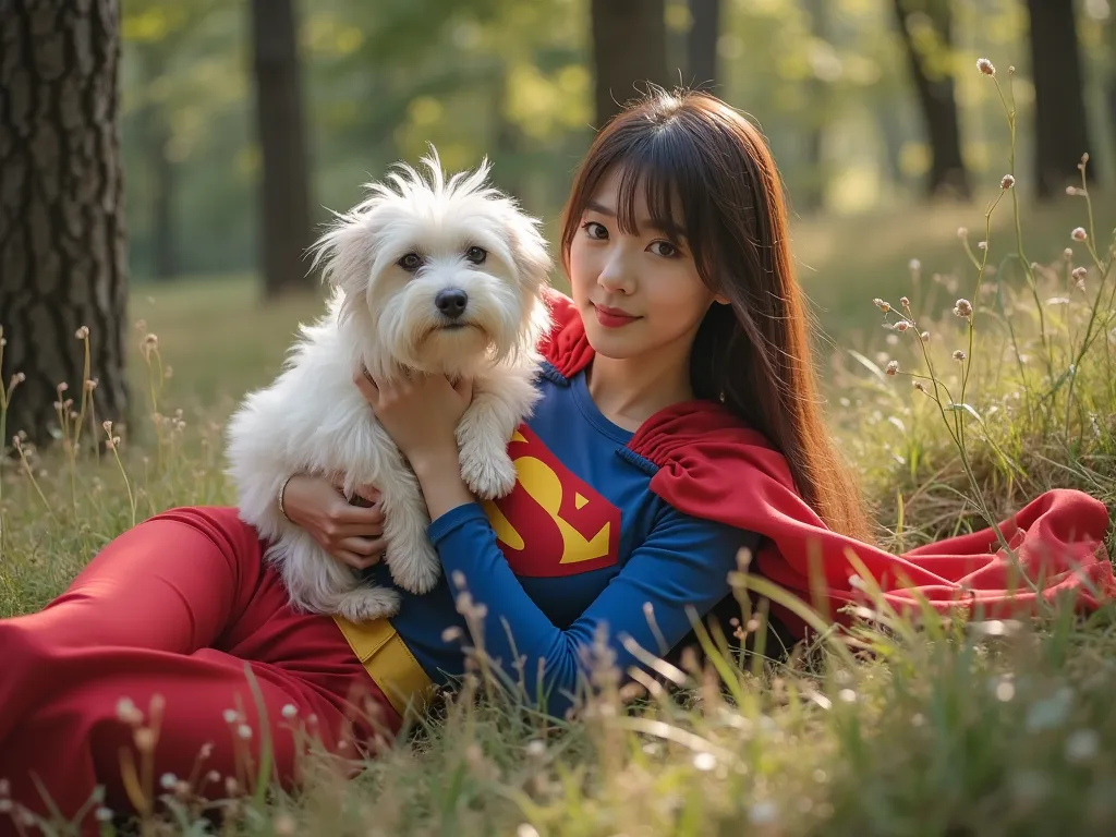 Supergirl is lying down in the forest with her dog。Supergirl is holding a West Highland White Terrier、3/4 views
Supergirl is a cute Japanese person in her 20s、 Supergirl's Perfect Costume、Supergirl has brown hair