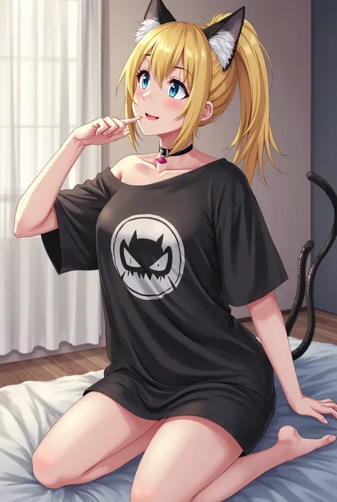 anime woman, blue eyes, blonde Hair, pony tail, off one shoulder oversized black t-shirt with punk logo, large black t-shirt, choker, cat ears, cat girl, cat tail, tongue out, bed room, kneeling, looking up