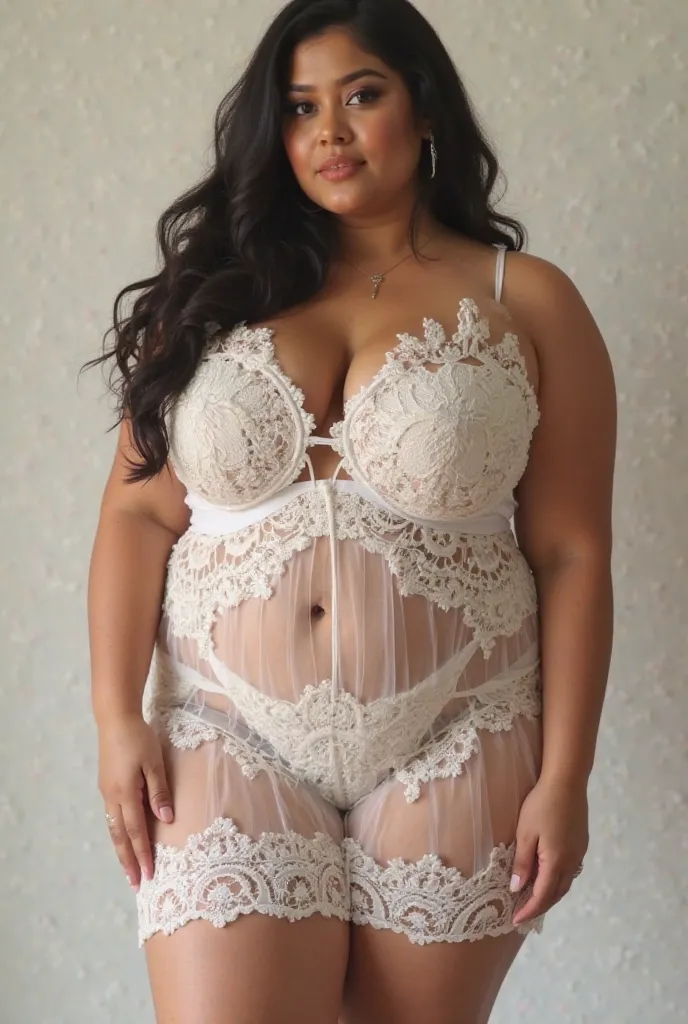 A chubby woman of short stature of Latin descent with a full body wearing a very short dress above the leg in transparent white lace with lots of transparencies, translucent without panties and high heels with huge breasts and Ariana Grande's face without ...