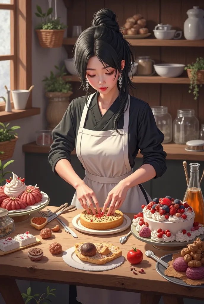 Confectionery woman with black hair and earrings with white apron and black clothes write on the bench hard candy and savory the woman is baking the cakes