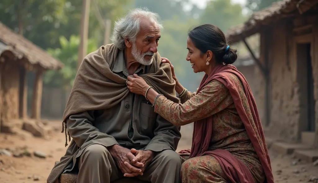 An old man with a weathered appearance sits on a traditional wooden charpai in a rural setting. He wears simple, worn-out clothing, and his posture reflects wisdom and age. A woman, dressed in a modest village-style outfit, carefully drapes a shawl over hi...